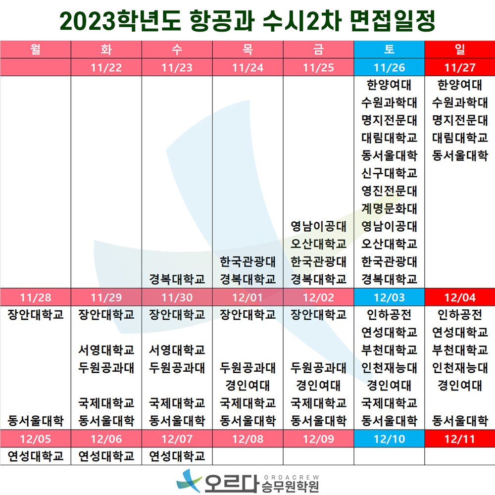 항공과 수시 2차 면접일정, 2023학년도 항공과 수시 2차 면접일정, 2023학년도